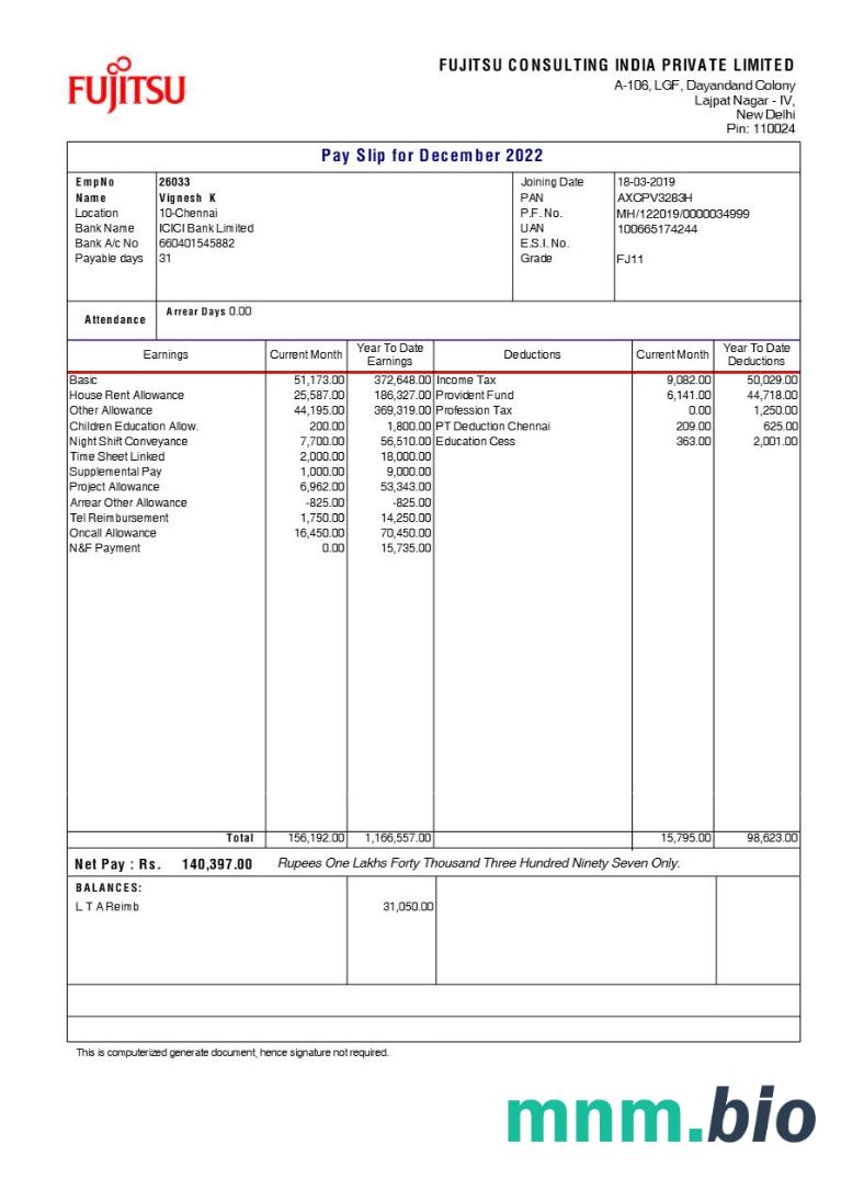 Szablon odcinka wypłaty Fujitsu Consulting India w formatach Word i PDF